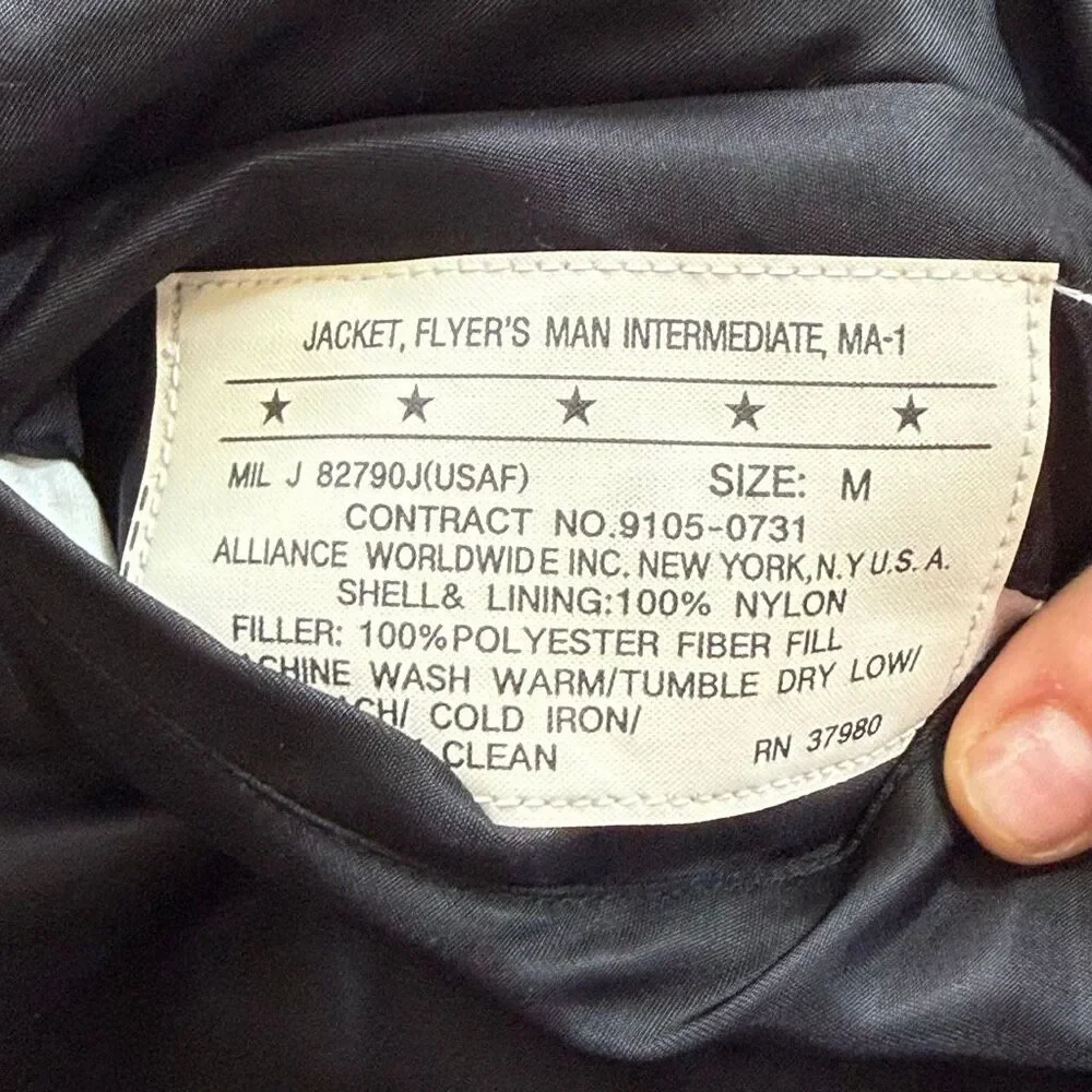 Ma1 Flyer Black Vintage Nylon Bomber Jacket Size M Black U.S. AIR FORCE PATCH